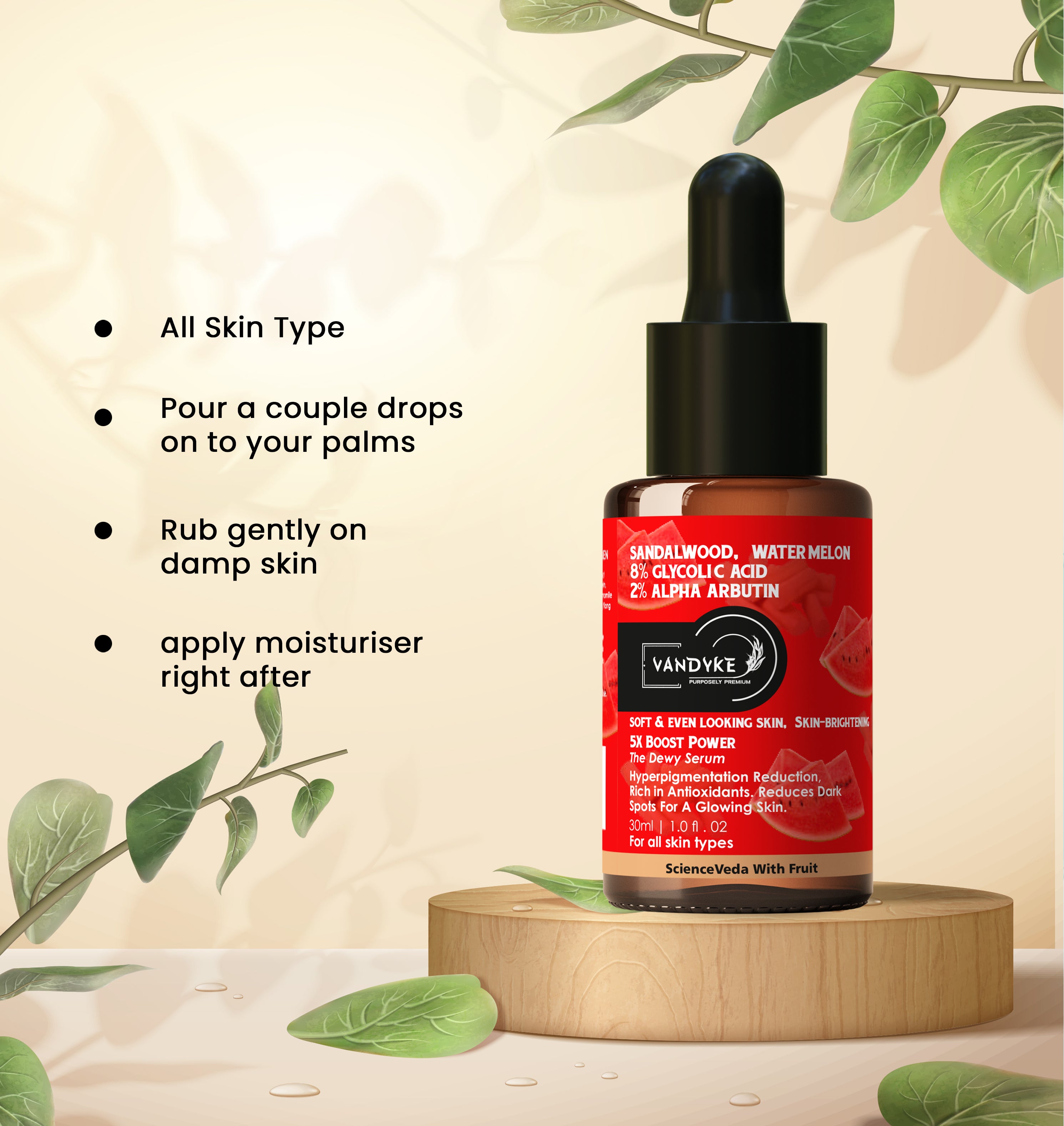 Vandyke Sandalwood & Watermelon With 8% Glycolic Acid, 2% Alpha Arbutin Face Serum 30ML